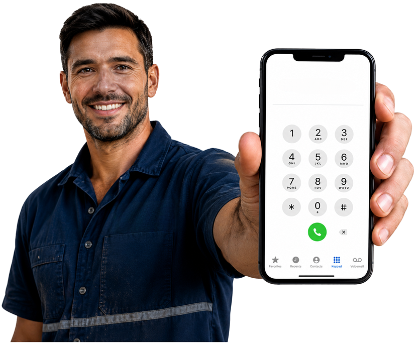 Caringbah Blocked Drains plumber holding a phone — call 1300 261 965