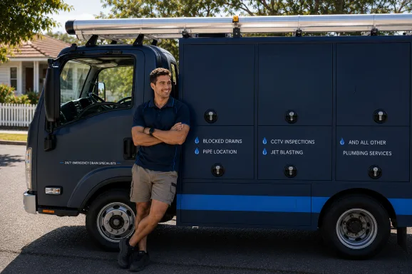 Plumber standing beside a service van in Caringbah