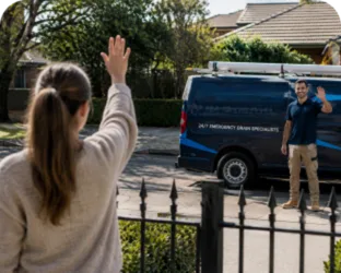 Customer waving goodbye to a plumber in Caringbah